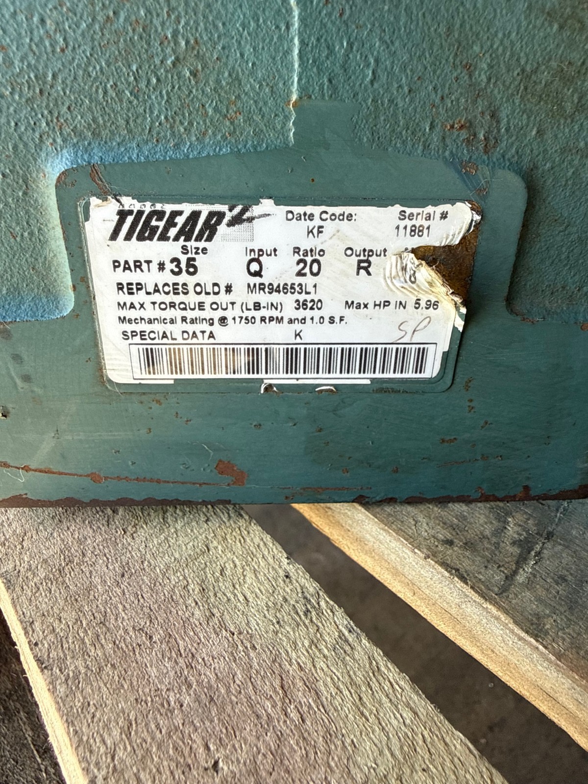 TIGEAR/2 BALDOR GEAR REDUCER 1XPA 1XPB MOD 35Q20R181750 RPM 20 TO 1 RATIO 5.96 H