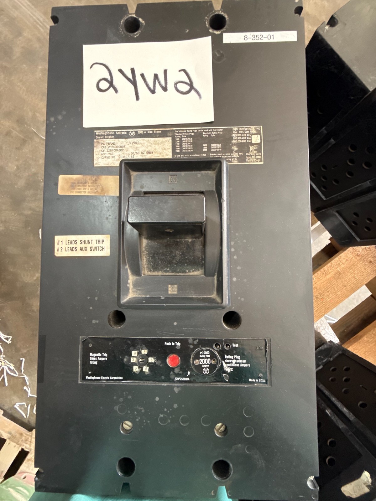 Refurbished Westinghouse 2000 AMP BREAKER PC32000F 2KA PC FRAME 3P 600V 2000 A TRIP 2YW2