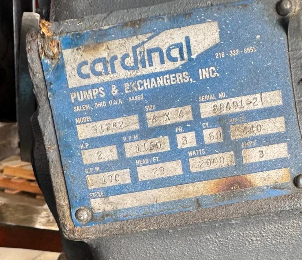 CARDINAL PUMP & EXCHANGER SS5 MODEL 31342 170 GPM 4" X 4" 2 HP 1160 RPM 23' HEAD