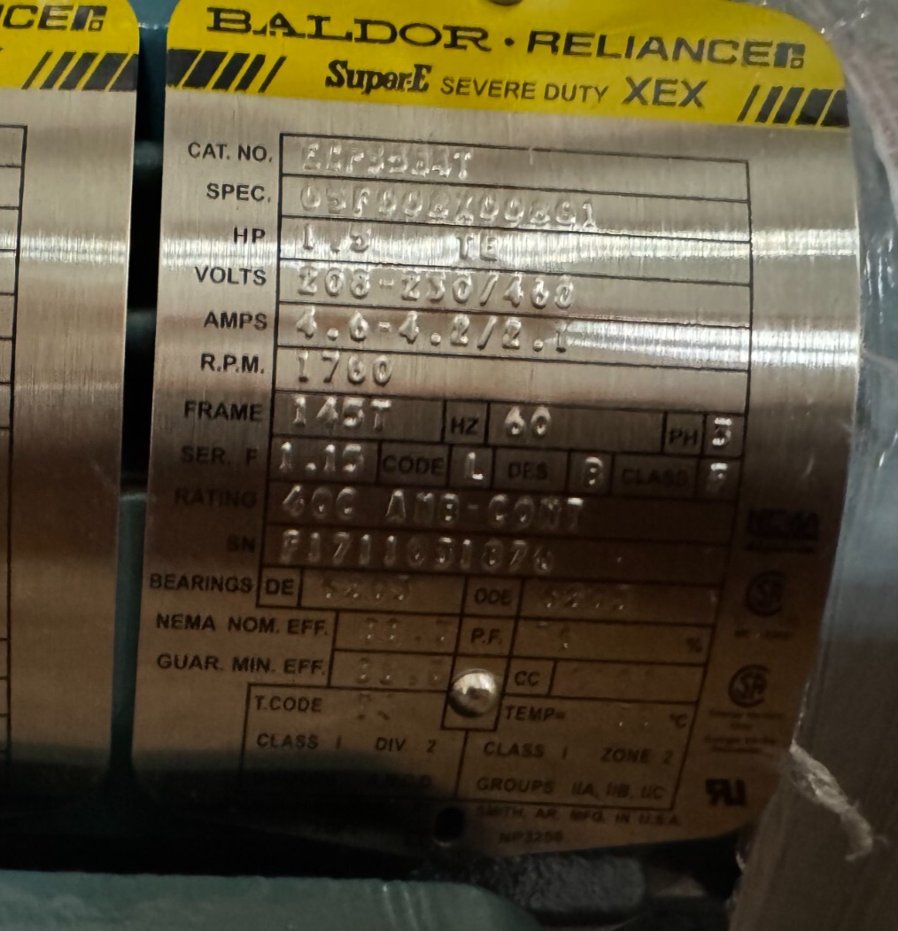 BALDOR MOTOR L6 1 1/2 HP MODEL ECP3584T 1760 RPM 230/460 V 3 PH 4.6-4.2/2.1 AMP