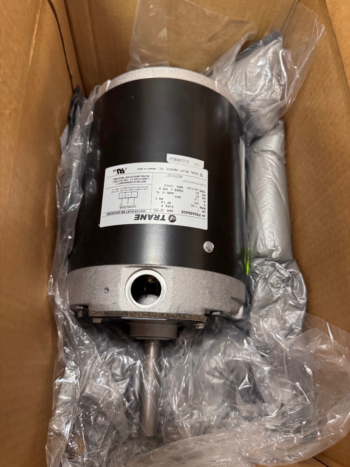 TRANE Motor 1 HP MODEL MOT01827 P56A96A05 ZFA7 ZK3 ZL21140 RPM 460V 1.8 AMP 3 PH