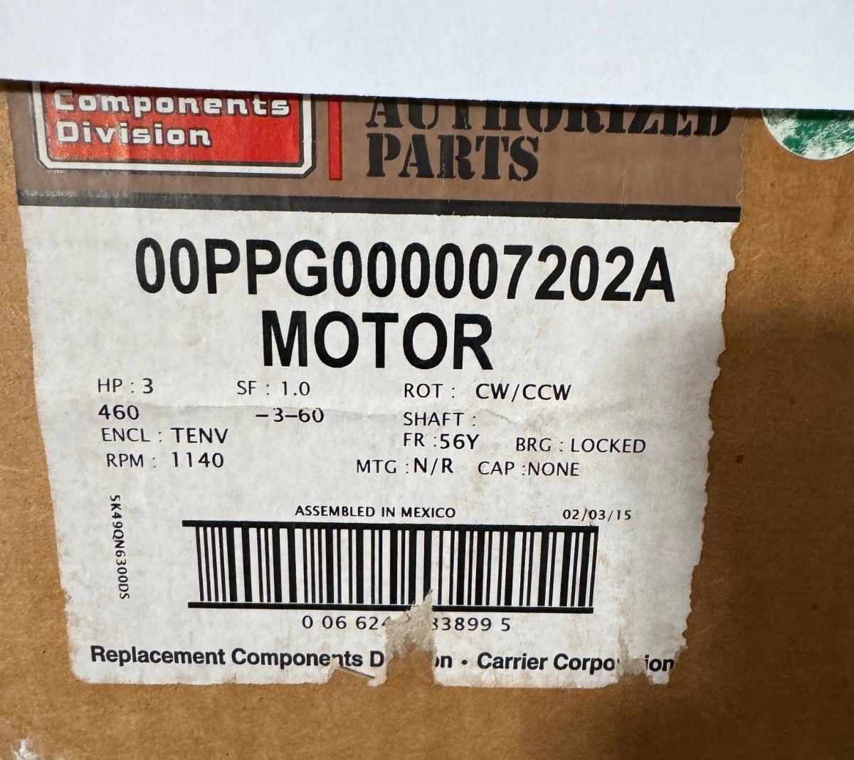 MARATHON Motor 3 HP MODEL 00PG000007202A WA5A 1140  RPM 460 V AMP 3 PH FRAME 56Y