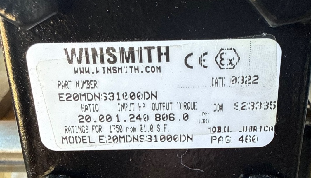 WINSMITH GEAR REDUCER 1XVH MODEL E20MDNS31000DN 1750 RPM IN 20 TO 1 RATIO