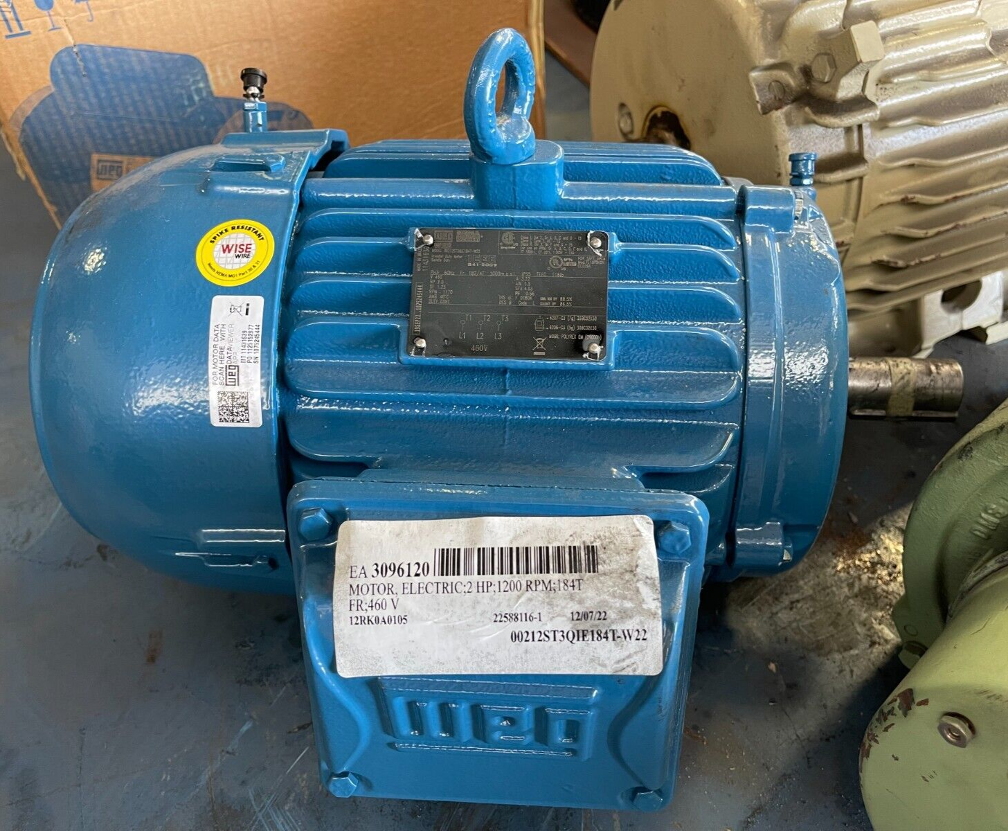 WEG 2 HP MOTOR 1170 RPM 460 V FRAME 182/4T 00212ST3QIE184T-W22