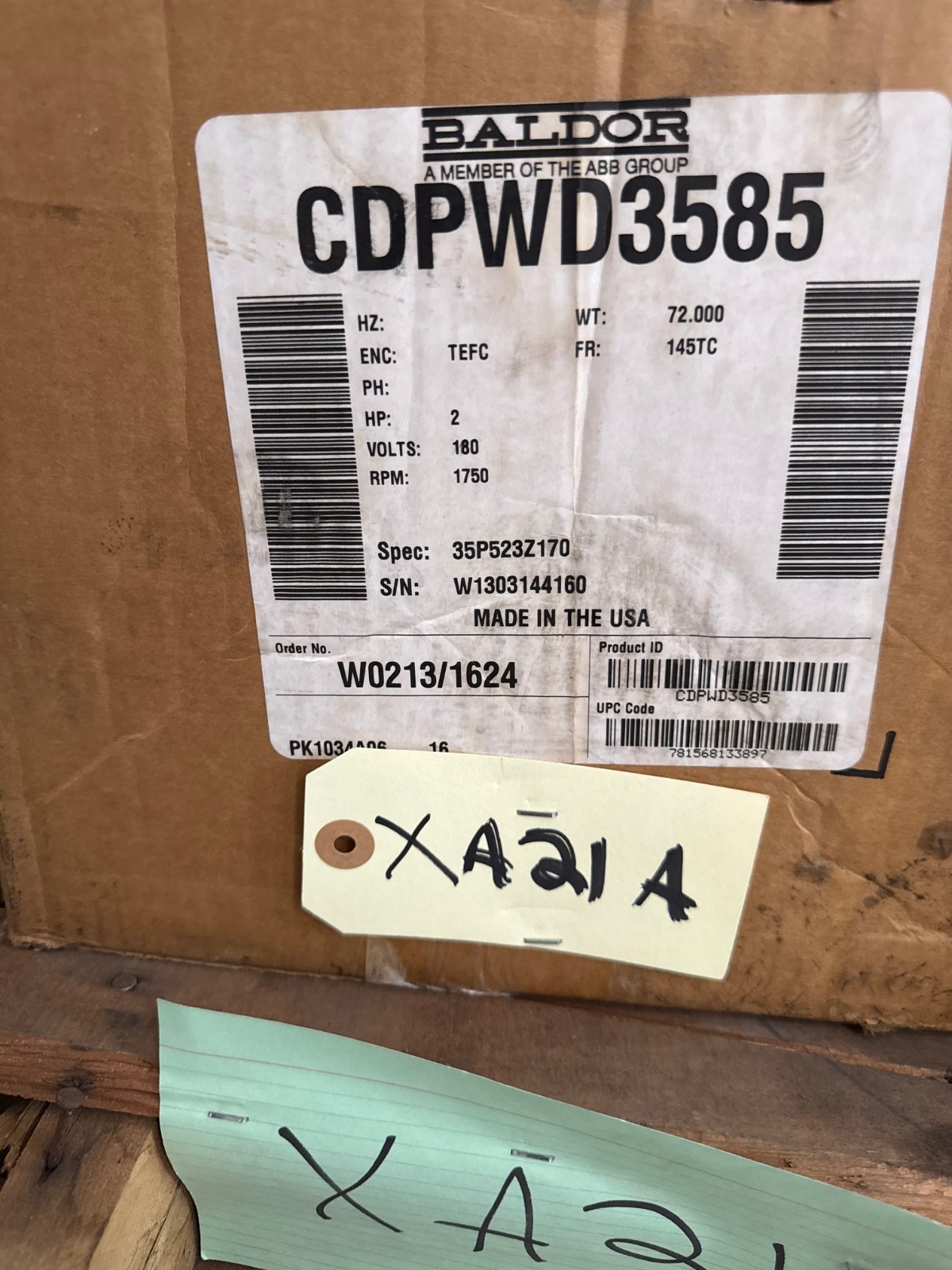 BALDOR 2 HP DC WASH DOWN DUTY MOTOR XA21A CDPWD3585 1750 RPM 180 V 9.6 AMP FRAM