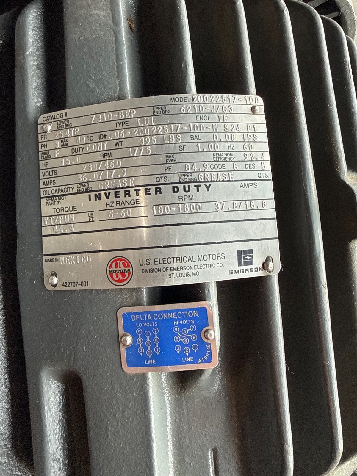 Refurbished US MOTORS INVERTER DUTY MOTOR 15 HP MODEL 20022517-100  2XY 1775 RPM INVERTER DU
