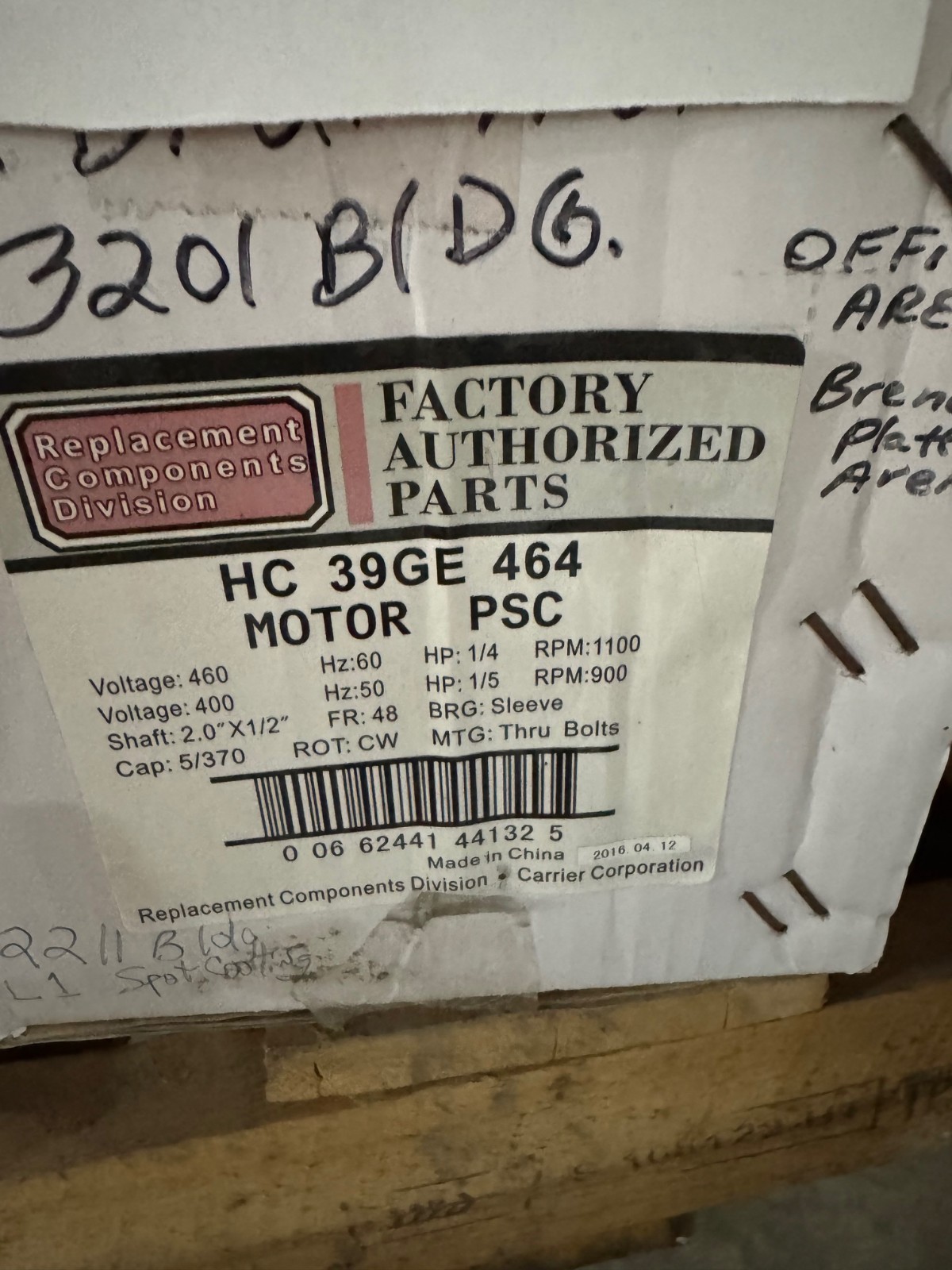 Carrier Broad-Ocean Motor 1/4 HP Model HC 39GE 464 VA14G WA3E 400/460 V 1100900