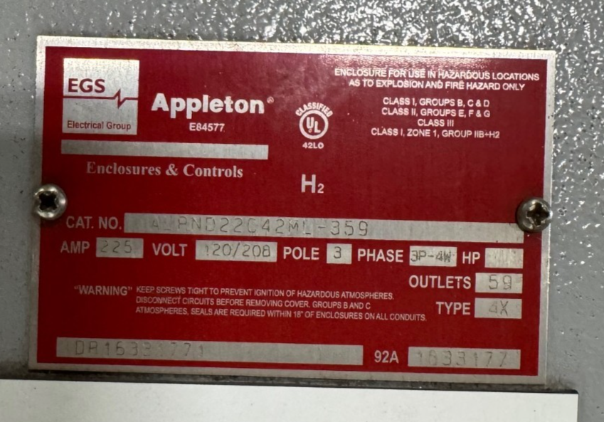 APPLETON/EGS 225 AMP AD7 EXPLOSION PROOF BREAKER PANEL ALPND22C42ML-359 120/208V