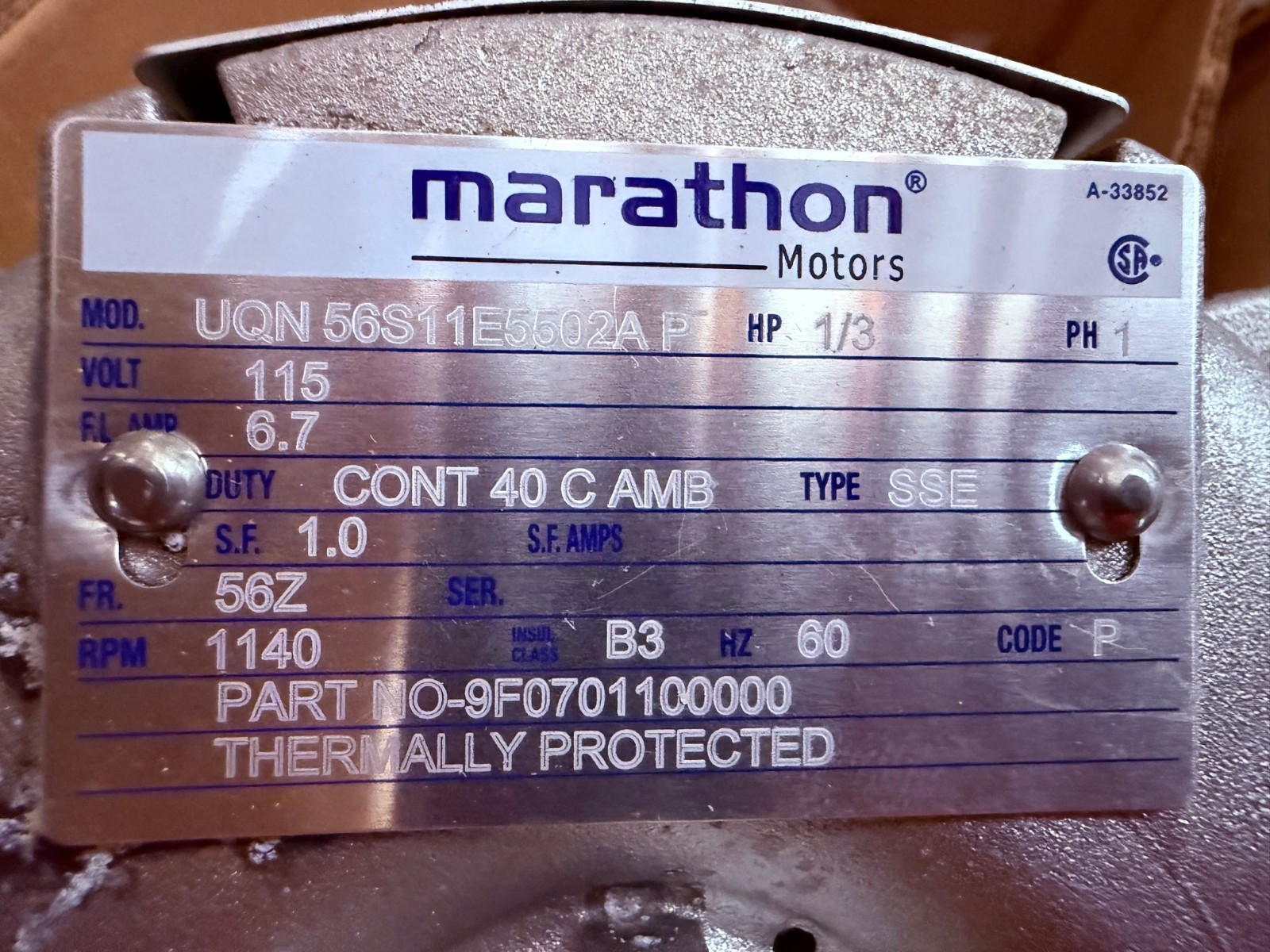 MARATHON Motor 1/2 HP MODEL MOT04757 WA6I 1075 RPM 460 V 1.7 AMP 3 PH FRAME 48Y