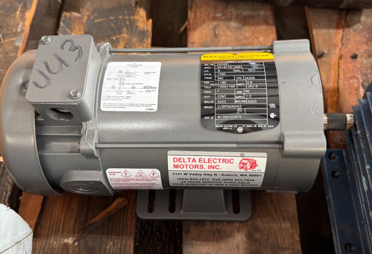BALDOR DC MOTOR UU3 1/2 HP  CD3451 1750 RPM 180 VDC 2.6/.25/.5AMP 3 PH FR 56C