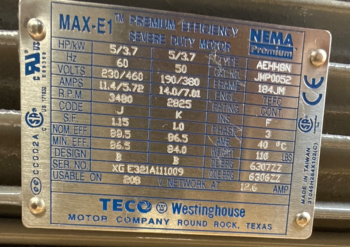 TECO WESTINGHOUSE MAX-E1 5 HP MODEL JMP0052 2XMB 3480 RPM 230/460 V 11.4/5.72  A