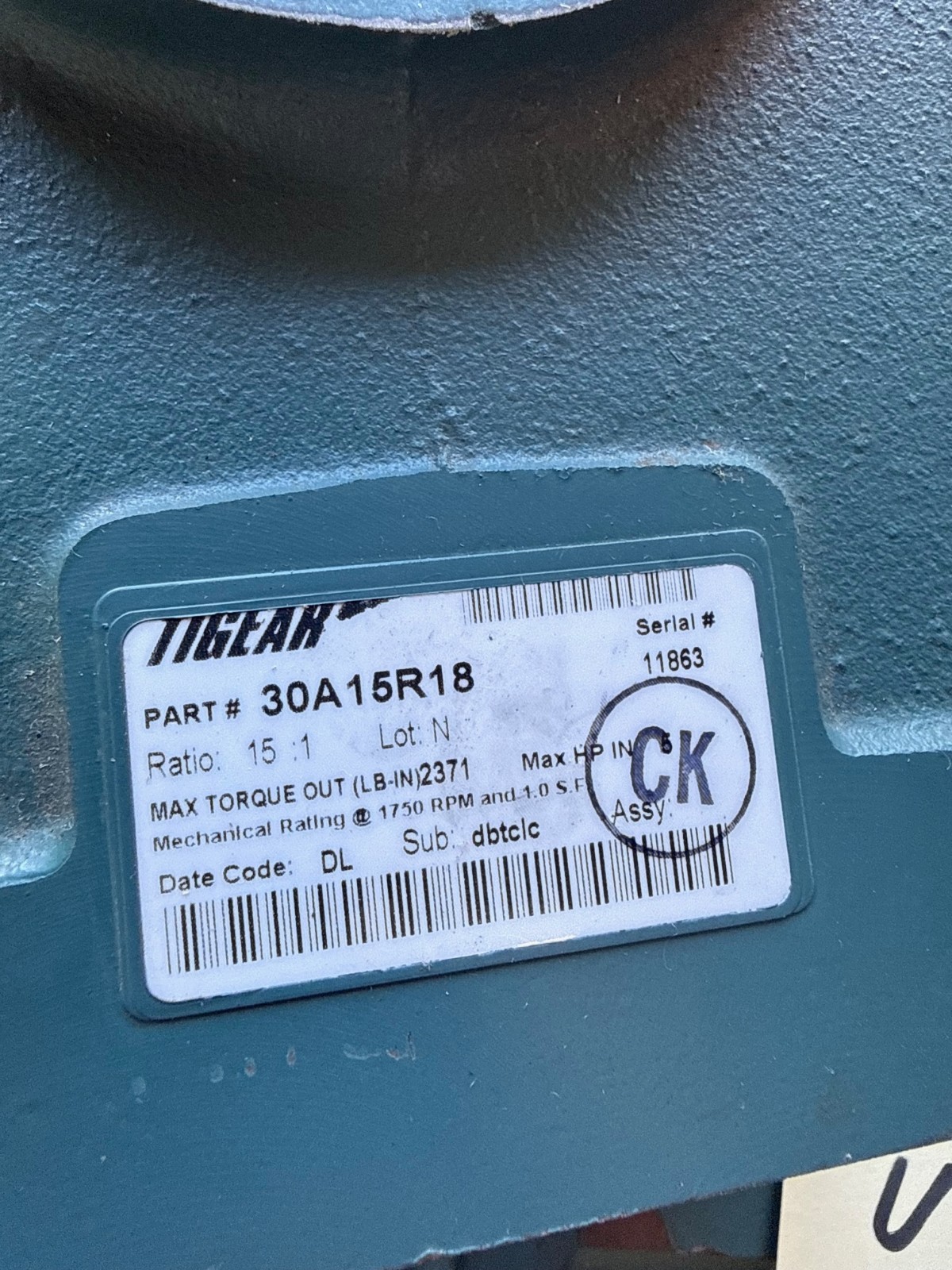 TIGEAR GEAR REDUCER 1XSE MOD 30A15R18 1750 RPM 5 HP MAX TORQUE 2371