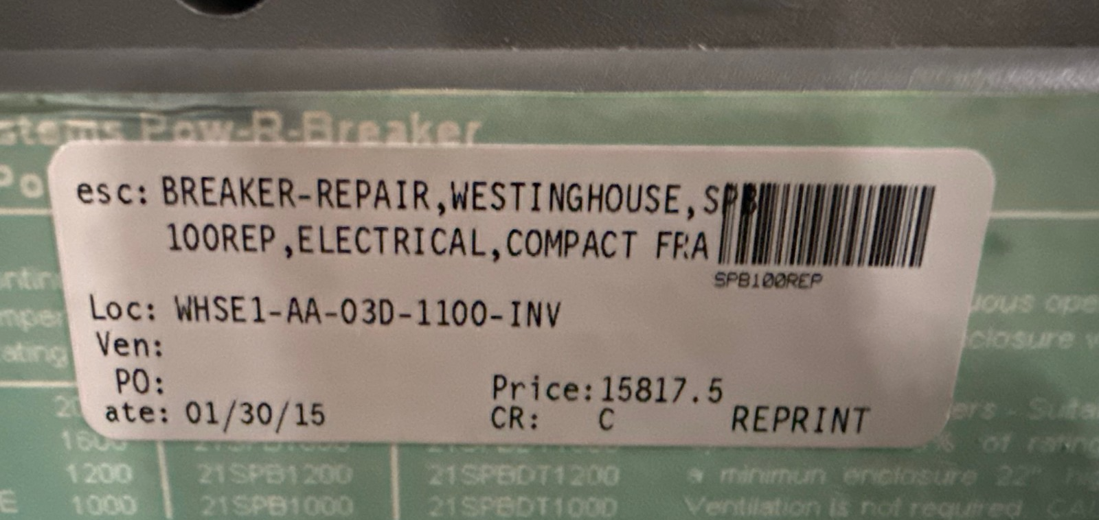 Refurbished WESTINGHOUSE MODEL SPB100- 21SPB2000 COMPACT FRAME 2000 AMP POW-RI-BREAKER 3-POL