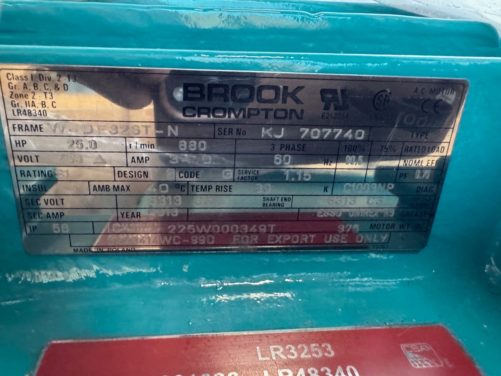 BROOK CROMPTON 25 HP  VERTICAL MOTOR XA14 15MODEL TW225W000350T 880 RPM 460 V