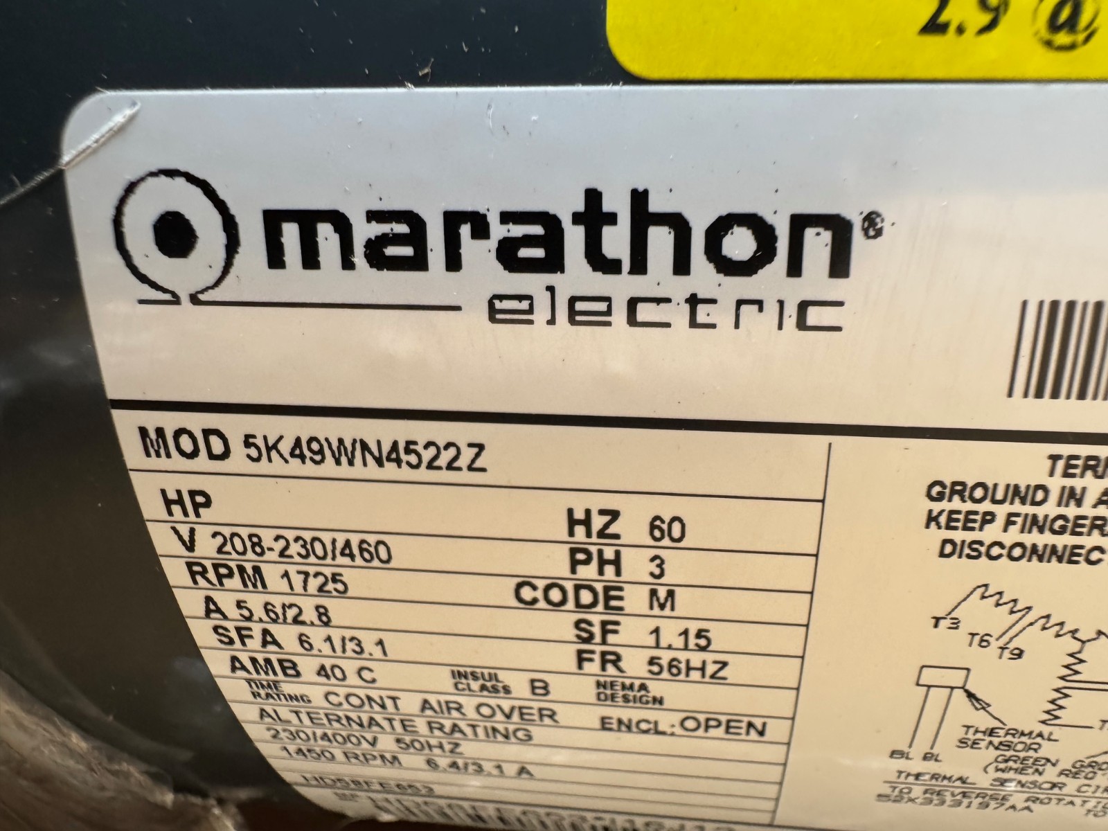 MARATHON Motor 3 HP MODEL HD58FE653 5K49WN4522Z WA2F 1725 RPM 208-230/460 V 5.6/