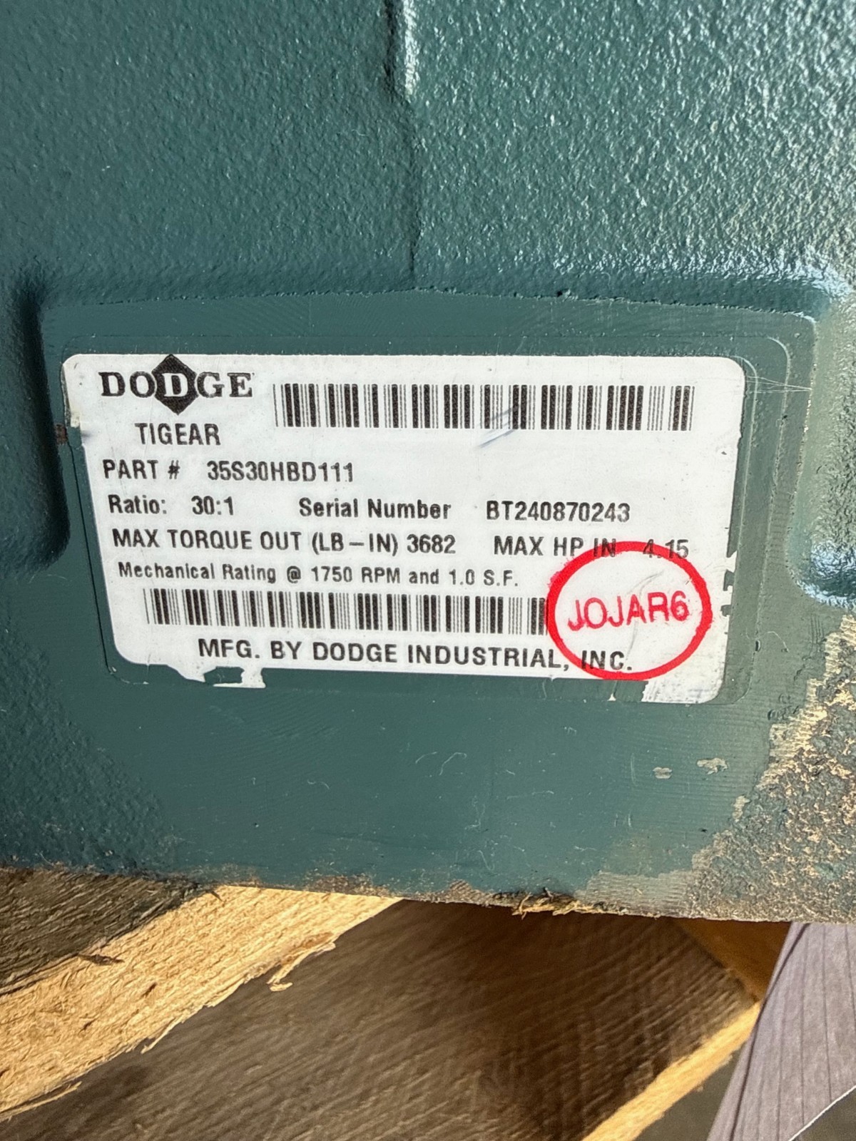 TIGEAR DODGE GEAR REDUCER 1XTD 1XTB  MOD 35S30HBD111 1750 RPM 30 TO 1 RATIO