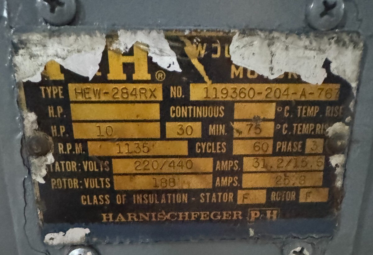 P & H 20 Ton Crane MOTOR P2 10 HP MODEL HEW-284RX 1135 RPM 230/460 V 31.2/15.6 A