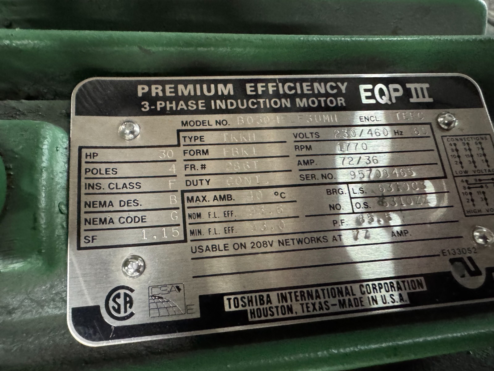 Toshiba MOTOR T 30 HP BO304FLF3UM11 EQP III 1170 RPM 230/460 V 4 POLE 72/36 AMP