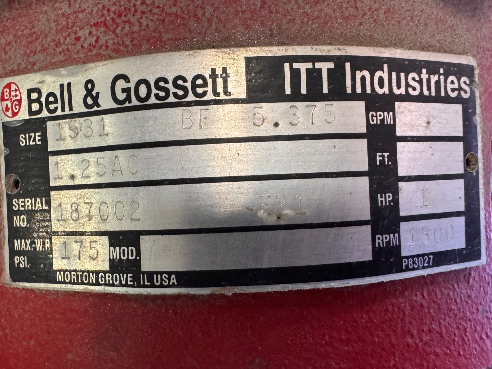 BELL & GOSSETT PUMP 3" X 3" X 5.37" IMPELLAR ZN3 E-1531  C263352 1 HP 1800 RPM