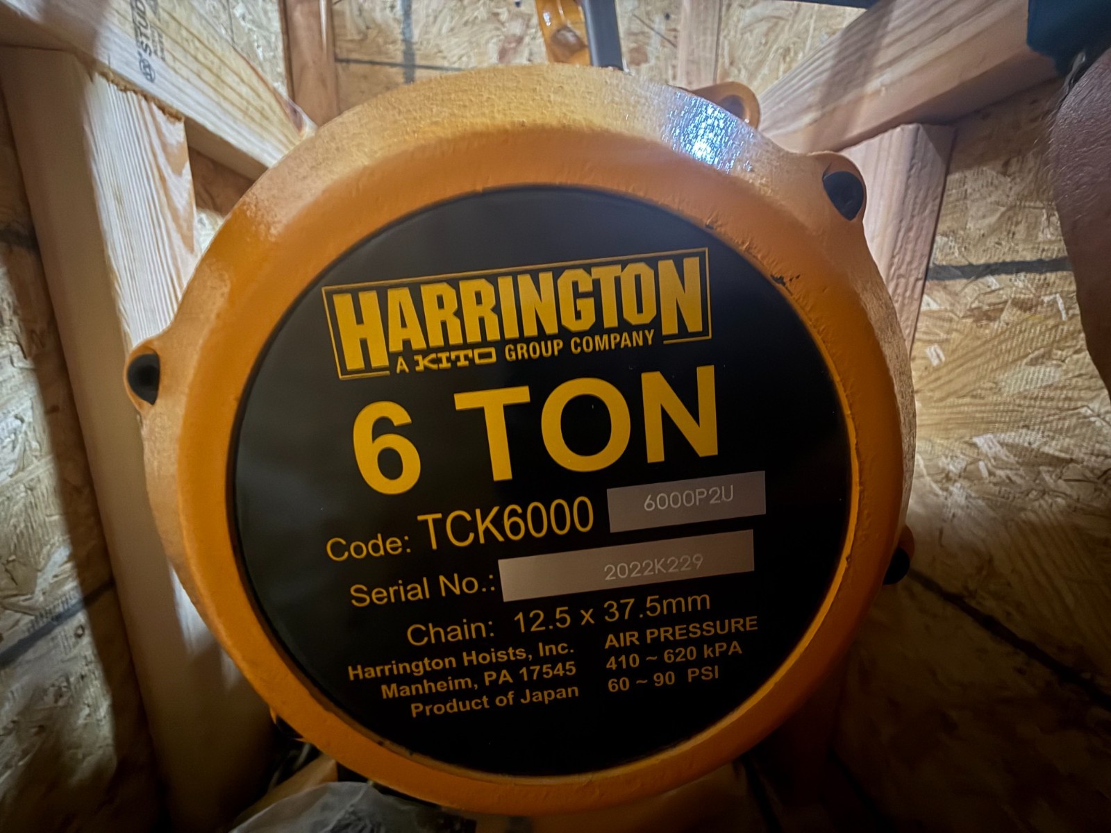 Used Harrington Pneumatic Hoist 6 Ton TCK6000-P2  WITH TROLLEY 2YQ2-7 2RY2