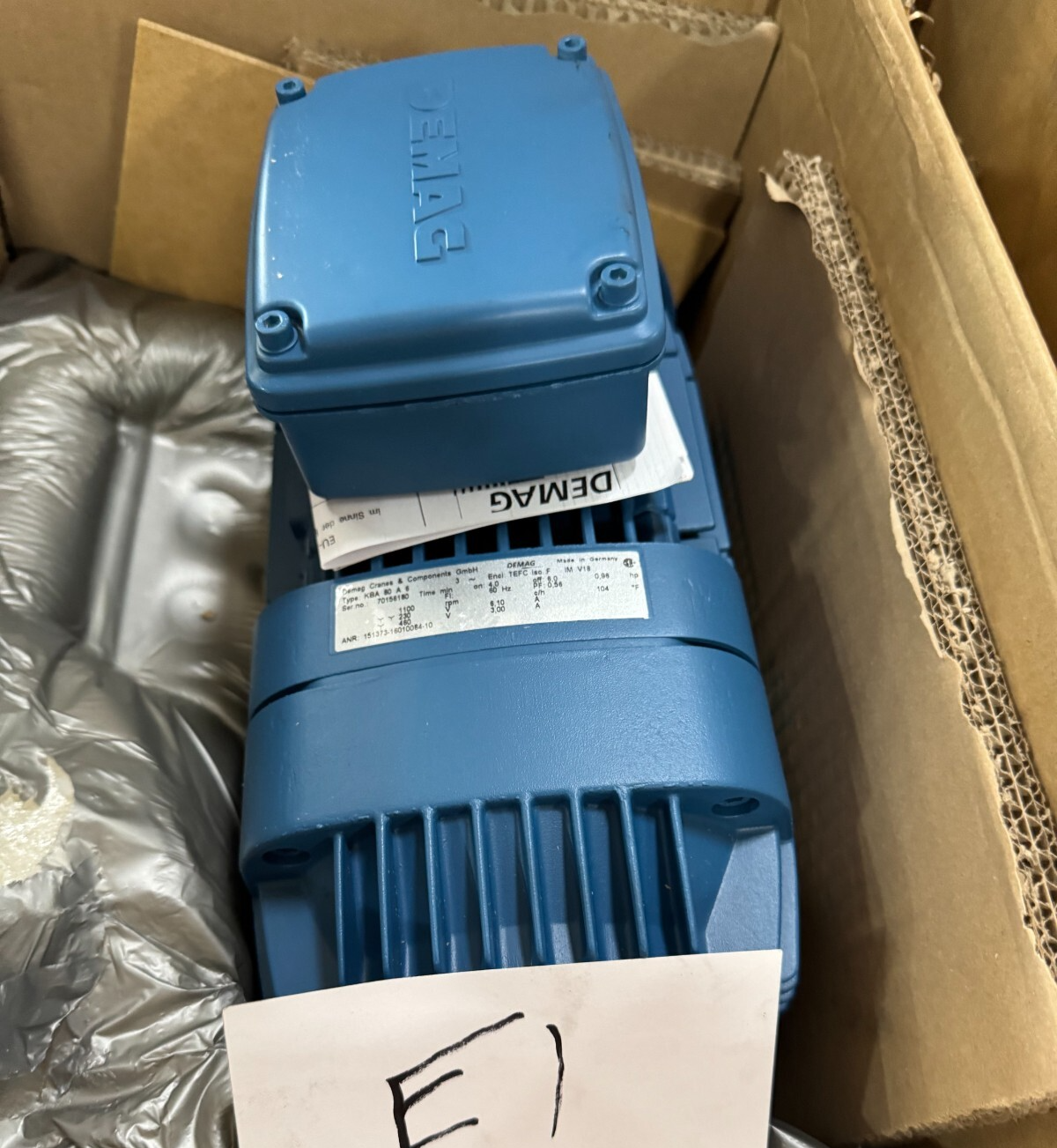 DEMAG CRANE MOTOR E1  .96 HP E1 MODEL KBA80A6 1100 RPM 230/460 V 6.1/3 AMP 3 PH