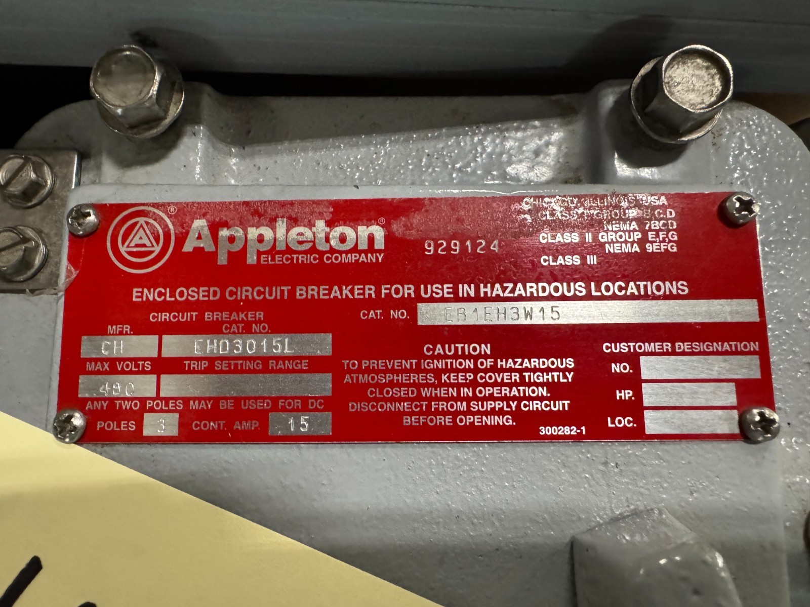 APPLETON EXPLOSION PROOF BREAKER V63 15 AMP 480 V 3 POLE 3 PH EB1EH3W15