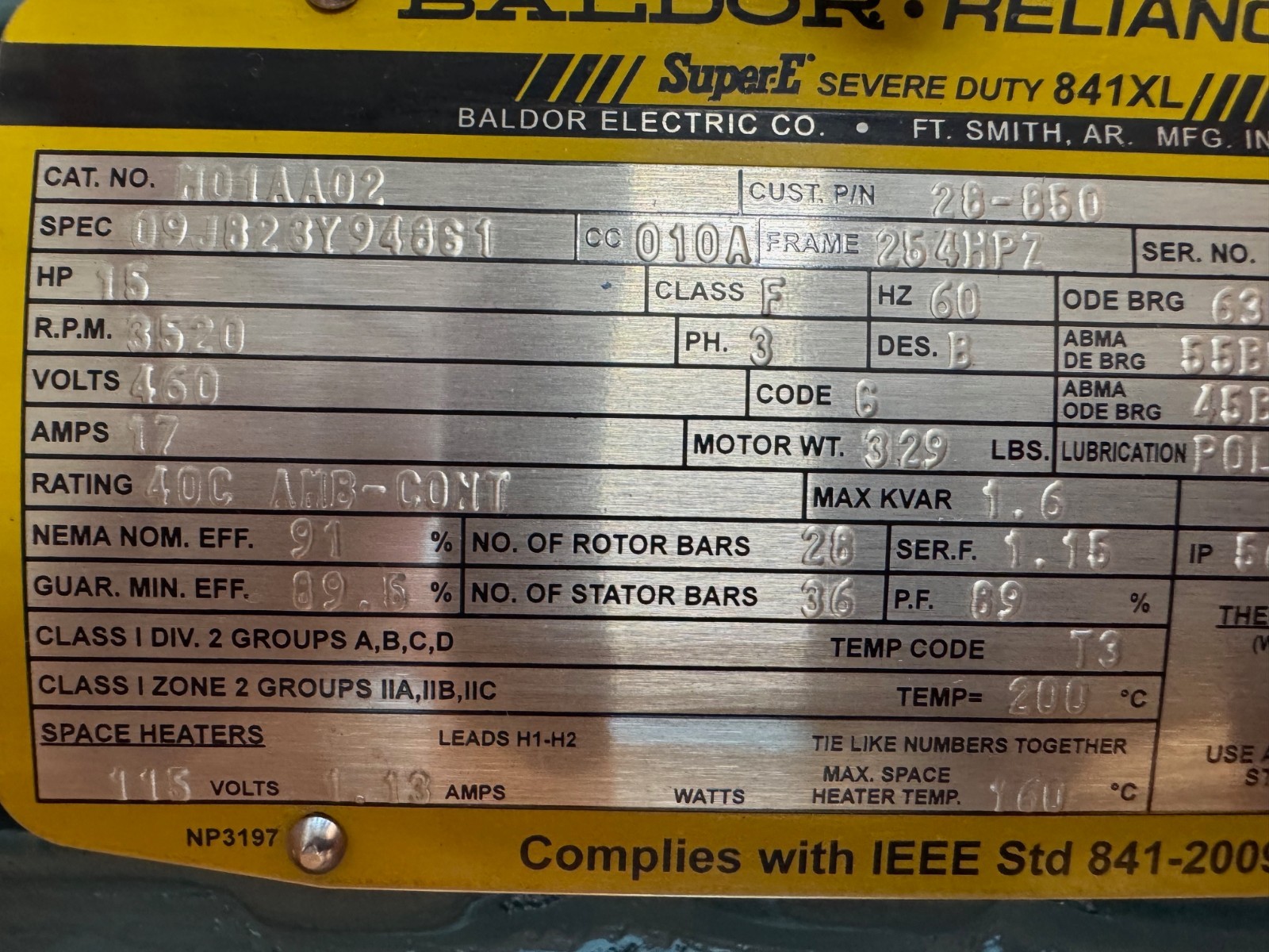 BALDOR SUPER E MOTOR XA9 15 HP MODEL M01AA02 3520 RPM 460 V 3 PH 17 AMP FR 254HP