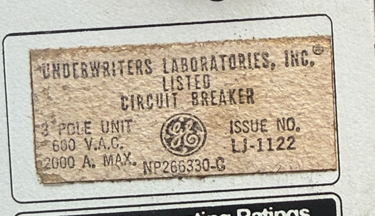 Refurbished General Electric 2000 AMP Power Break I BREAKER MODEL TPSS6620 W VERSA TRIP 2YX4