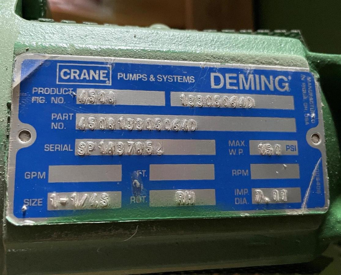 Sump Pump Deming 4508 Vertical 1-1/4S 133050640 Imp Dia 7.00 1HP 1755RPM 208-230