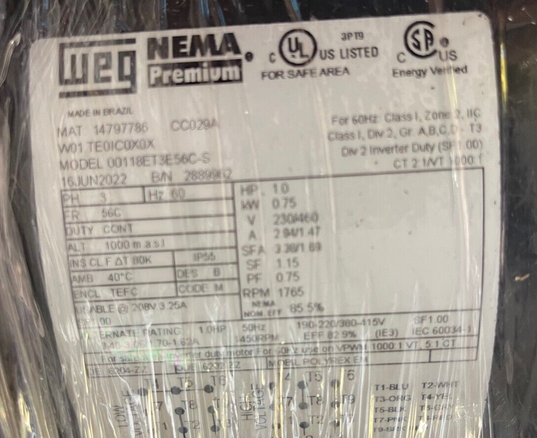 WEG 1 HP ELECTRIC MOTOR 04P56C -208-203/460 190-220/380-415 V60Hz 1755 RPM