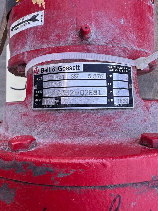 BELL & GOSSETT PUMP 1.25" X 5.375" IMP ZN7 & 9 E-1531 1 HP 1800 RPM 175 PSI