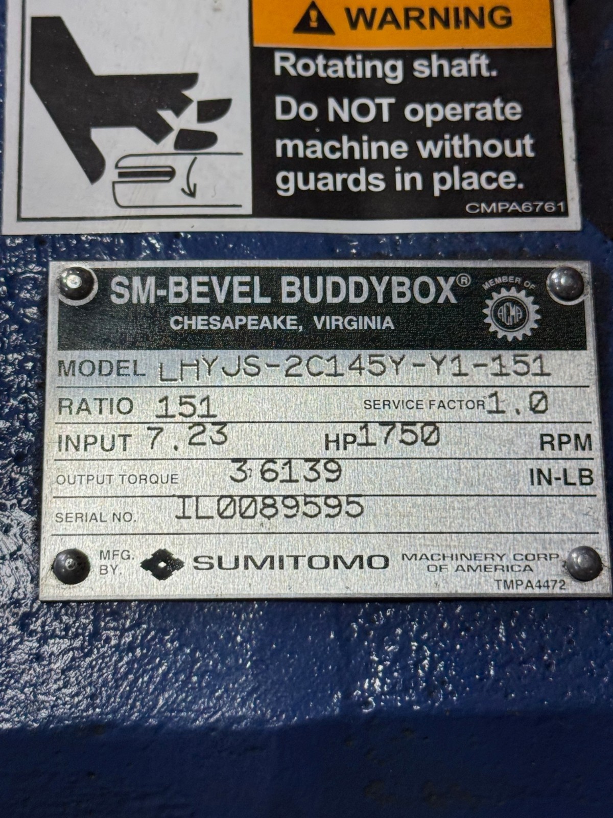 SM-BEVEL BUDDYBOX SUMITOMO GEAR REDUCER WA54 LHYJS-2C145Y--Y1-151 1750 TO 7.23