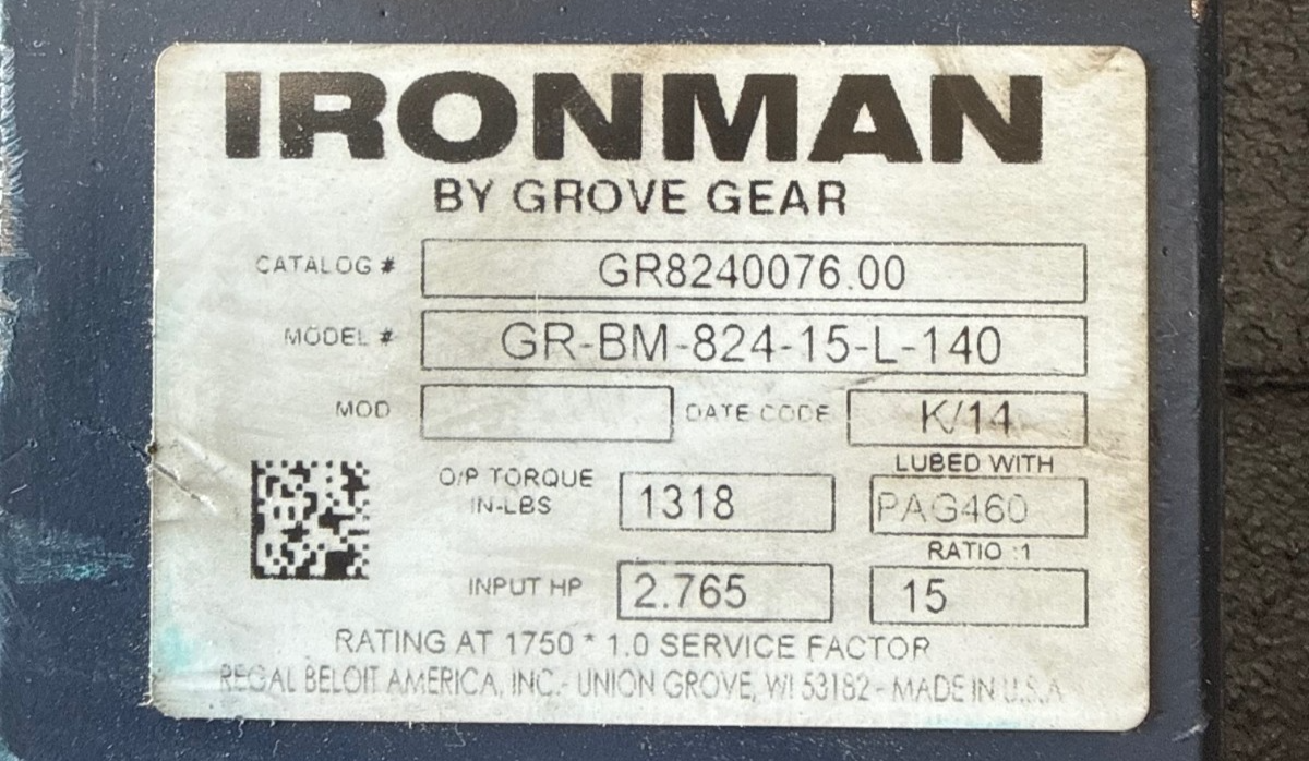 IRON MAN GROVE GEAR REDUCER 1XVB MOD GR-BM-824-15-L-140 2.76 HP 1750 RPM IN 15 T