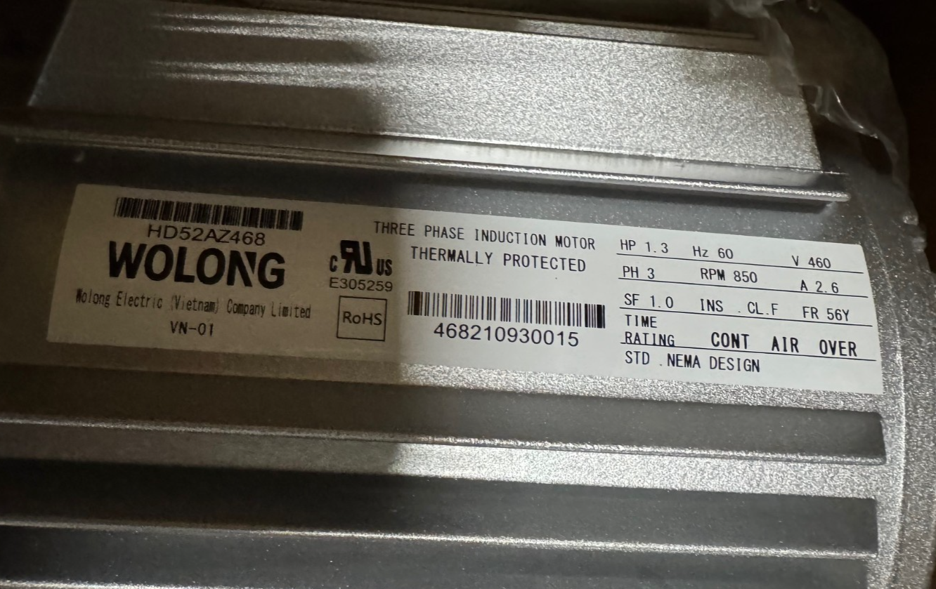 WOLONG Motor 1.3 HP MODEL HD52AZ468 VA10D VA14C WA4A 850 RPM 460 V 2.6 AMP 3 PH