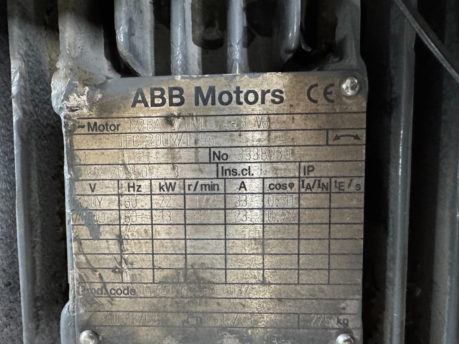 ABB Motor U 30 HP MODEL MB2A 200 MLB 1778/889 RPM 480/230 V 33/23 AMP 3 PH