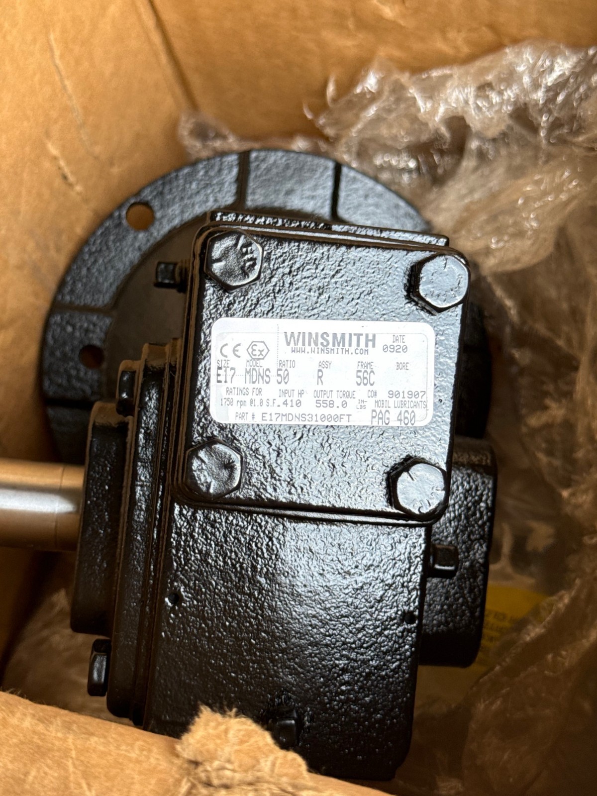 SE ENCORE WINSMITH GEAR REDUCER 1XIC MOD E-17MDNS31000FT 1750 RPM IN 50 TO 1 RAT