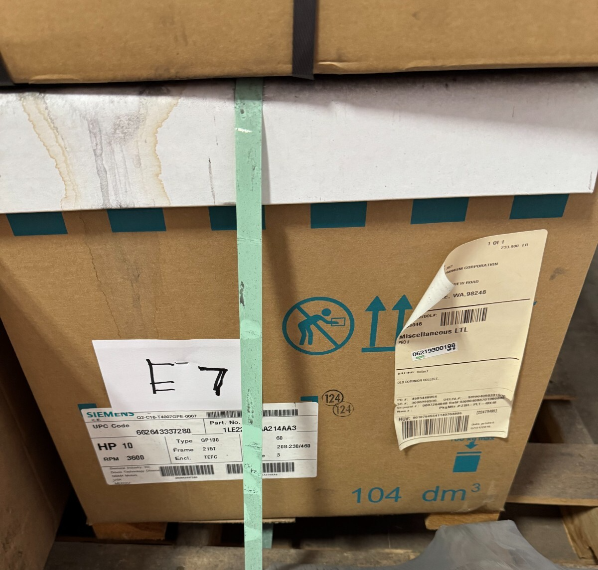 SIEMENS MOTOR E7 10 HP 1LE2212AA214AA3 3600 RPM 208-230/460/380 V 3 PH FR 215T