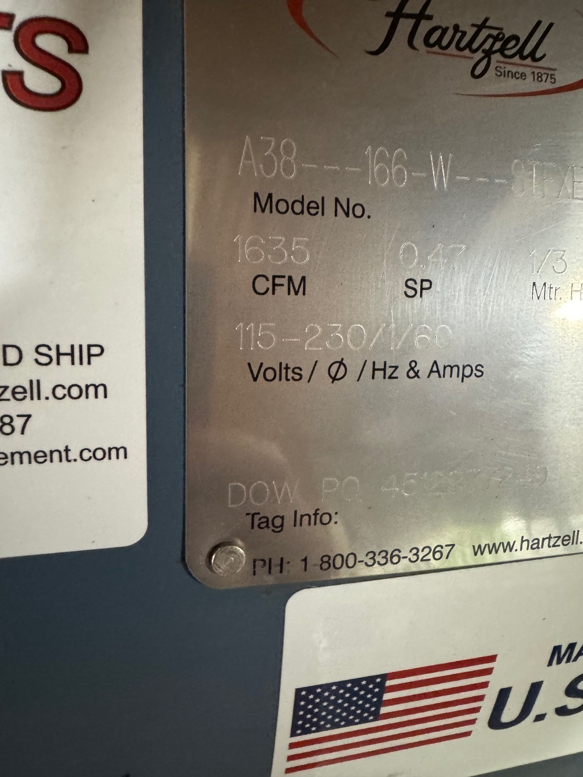 Hartzell 1035 CFM Blower VA7B Model A38-166-STFXEC 1/3 HP 115-230 Volt 1 ph
