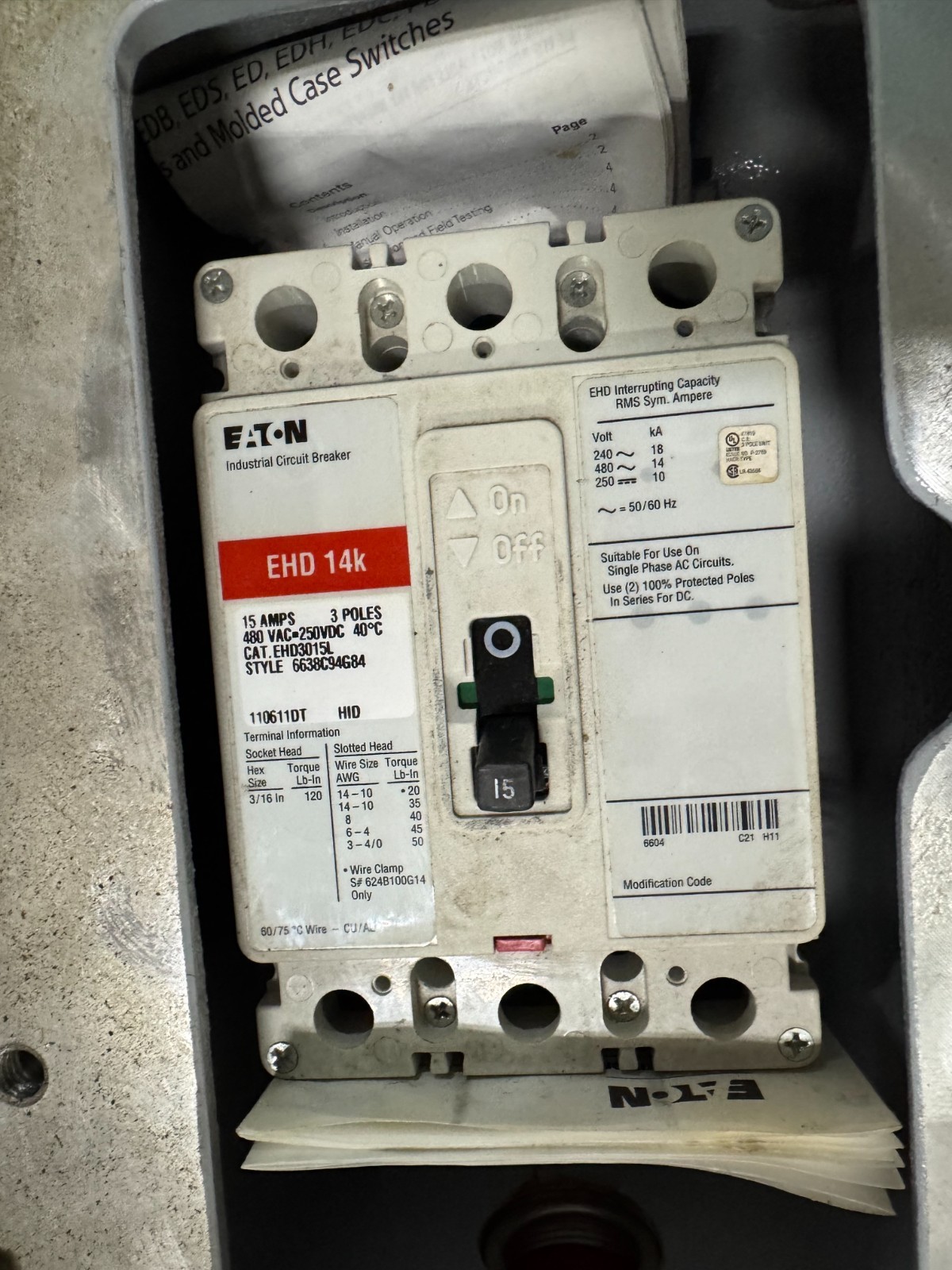 APPLETON EXPLOSION PROOF BREAKER V63 15 AMP 480 V 3 POLE 3 PH EB1EH3W15