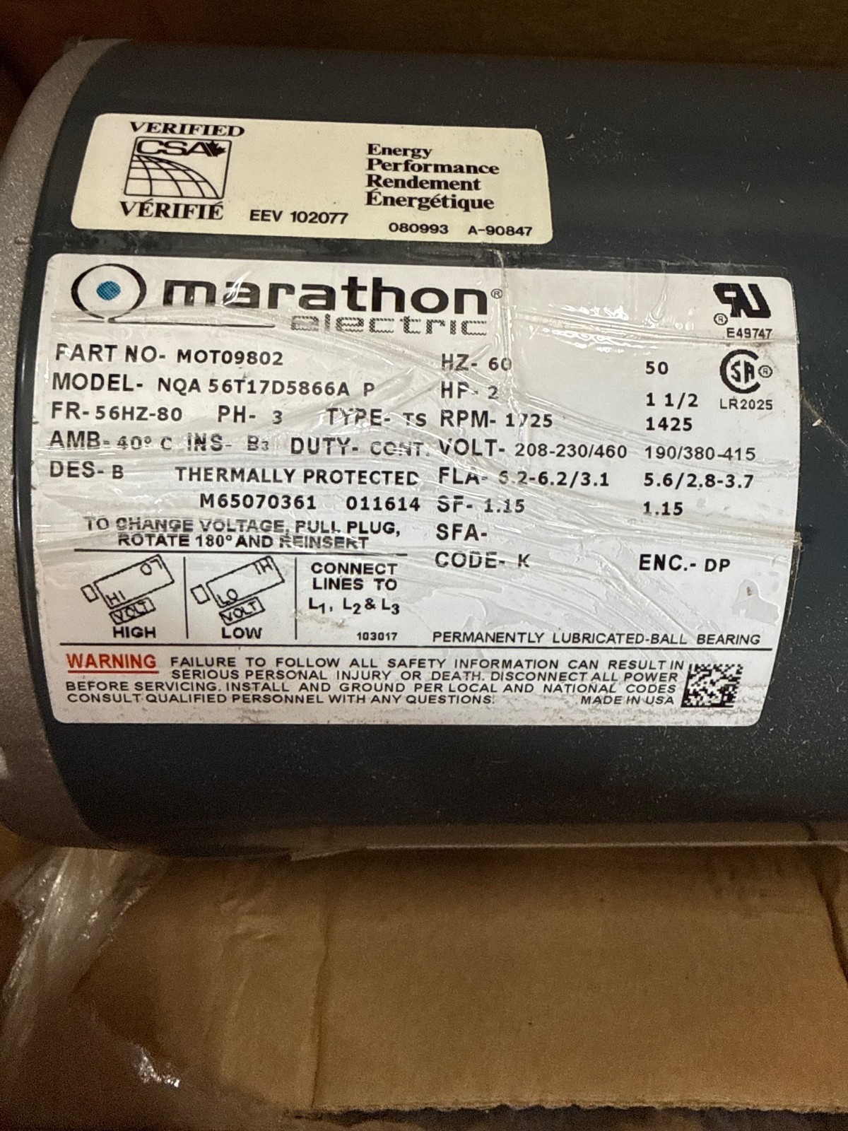 Used MARATHON Motor 2 HP MODEL MOT09802 NQA 56T1 ZF3A ZFA3 1725 RPM 208/230-460 V 3