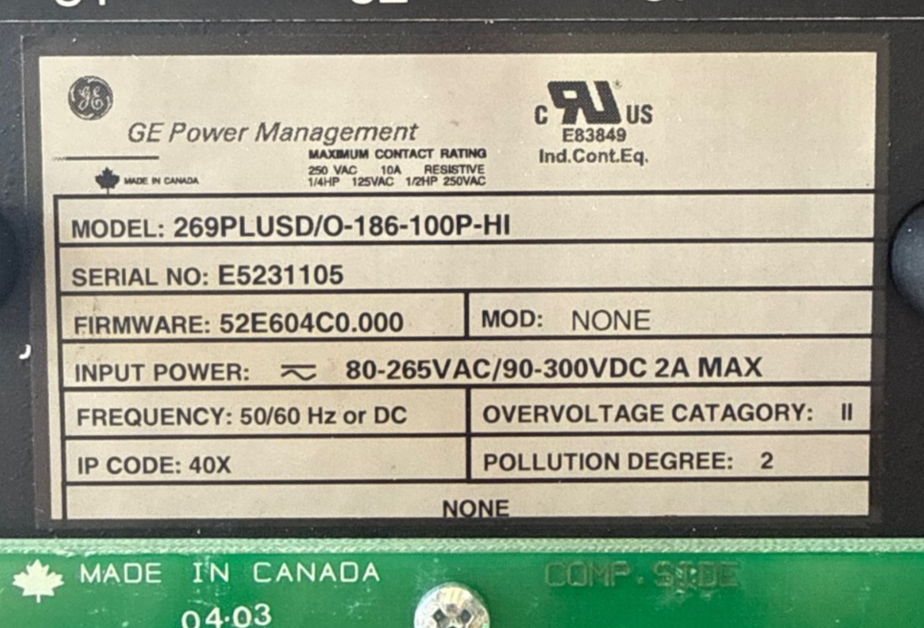 GE Motor Management Relay MODEL 269PLUSD/O-186-100P-HI 1XXD IP CODE 40X