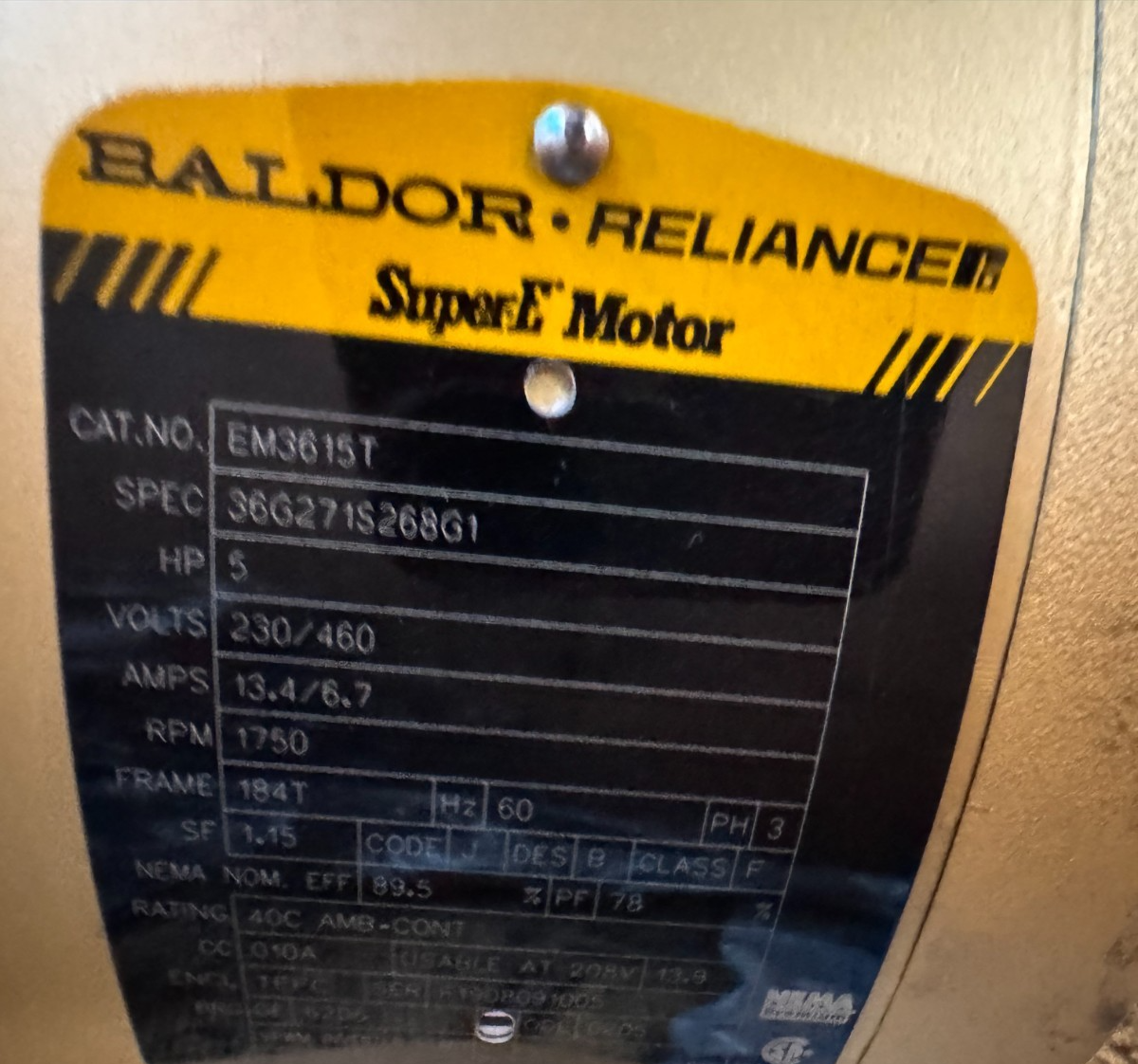 BALDOR SUPER E MOTOR XX2 5 HP MOD EM3615T 1750 RPM 230/460 V 3 PH 13.4/6.7  AMP