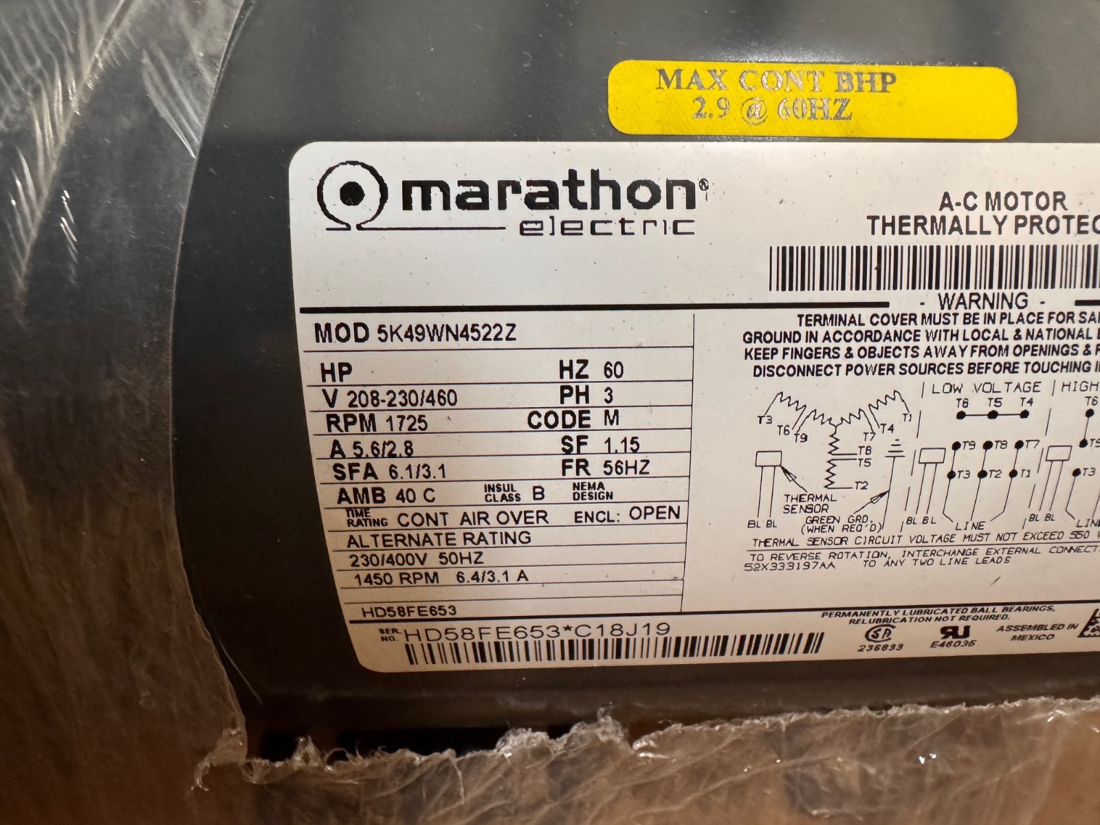 MARATHON Motor 1.5 HP MODEL HD58FE653  ZI1 1725 RPM 208-230/ 460 V 3 PH 5.6/2.8