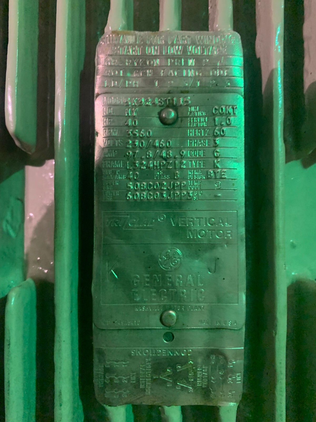 MOTOR Electric 40 HP GE Vertical Mounted Tri Z clad GE 5K3224ST115