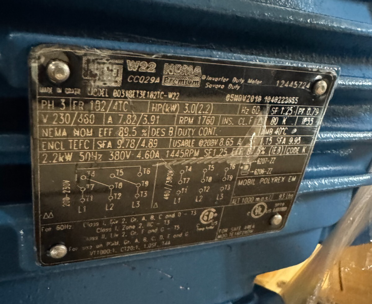 WEG MOTOR M4 3 HP MODEL 00318ET3E182TC-W2 1760 RPM 208-230/460V 3 PH FR182/4TC