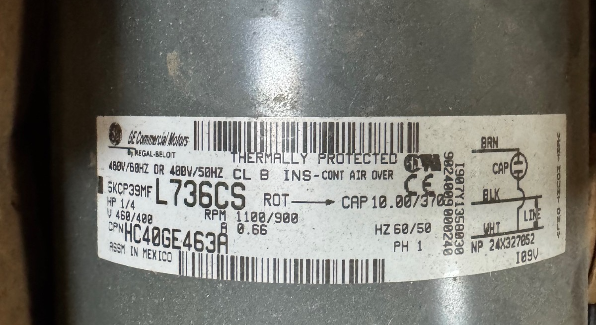 GE MOTOR 1/4 HP WA6F L736CS 1100/900 RPM 460/400 V .66 AMP 1 PH
