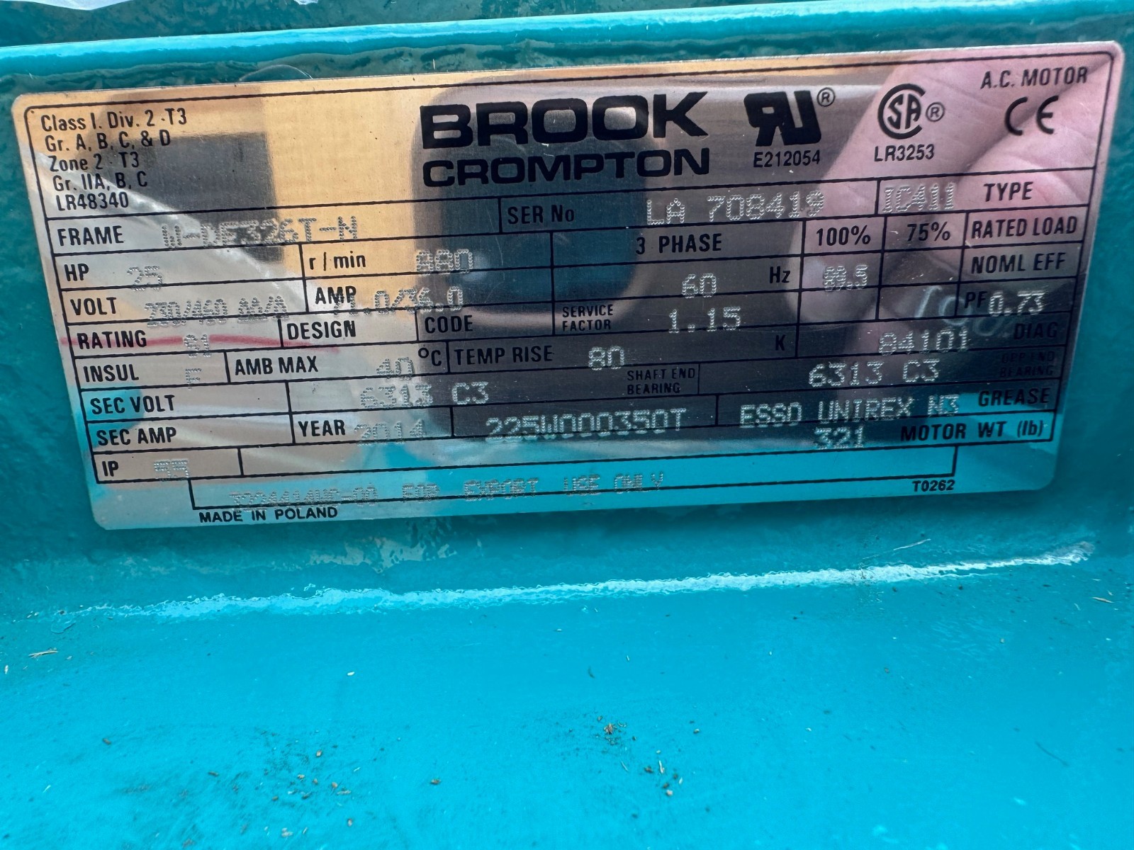 BROOK CROMPTON 25 HP  VERTICAL MOTOR XA14 15MODEL TW225W000350T 880 RPM 460 V