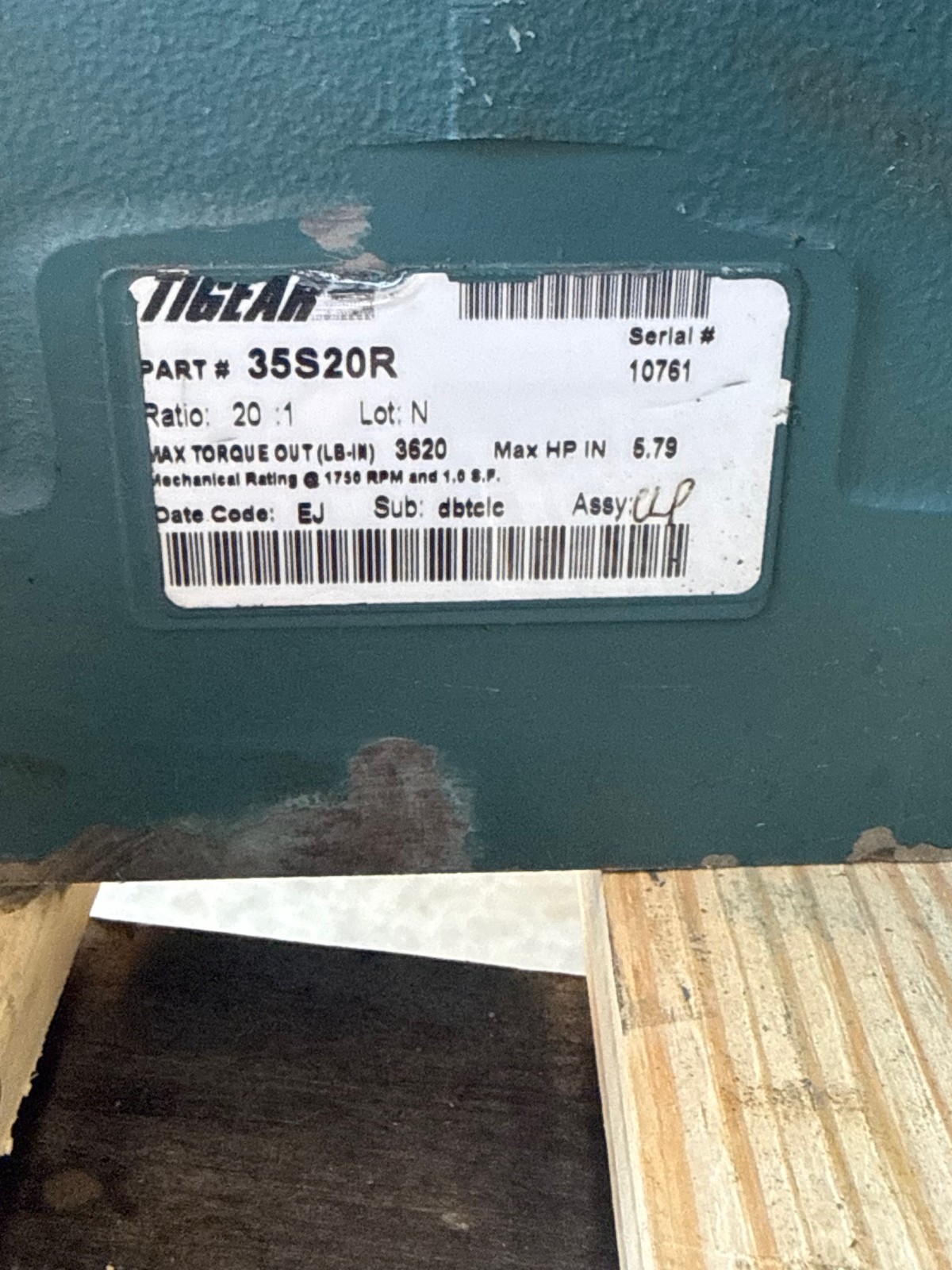 TIGEAR GEAR REDUCER 1XTG 1XSI 1XSF MODEL 35S20R 1750 RPM 5.79 HP RATIO 20 TO 1