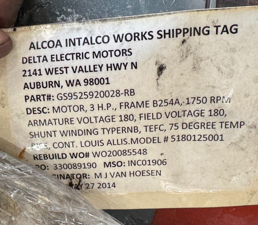 LOUIS ALLIS FLEXITORO DC MOTOR XX1 3 HP MOD 9181391001 1750 RPM 180 V DC 15 AMP