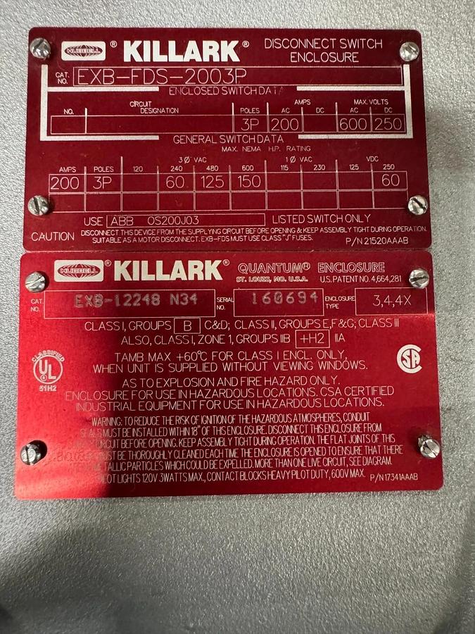 KILLARK EXPLOSION & FIRE PROOF ENCLOSURE EXB-12248 V61 W 200 AMP 600 V SWITCH